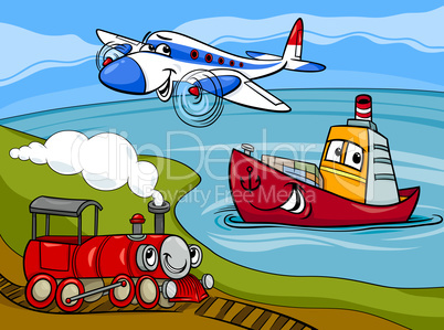 plane ship train cartoon illustration