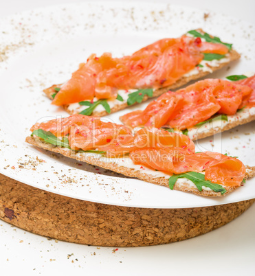 salted salmon on crispy bread with cheese and arugula