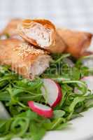 Fischstrudel auf Rucola Salat