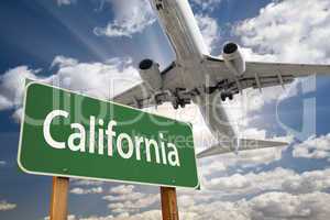 California Green Road Sign and Airplane Above