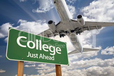 College Green Road Sign and Airplane Above