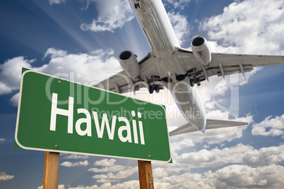 Hawaii Green Road Sign and Airplane Above