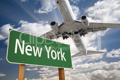 New York Green Road Sign and Airplane Above