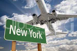 New York Green Road Sign and Airplane Above