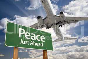 Peace Green Road Sign and Airplane Above