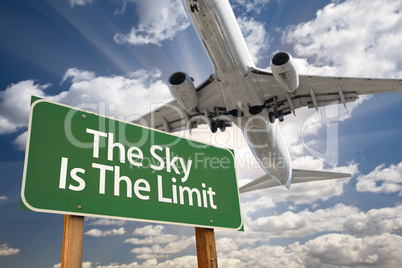 The Sky Is The Limit Green Road Sign and Airplane