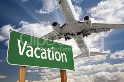 Vacation Green Road Sign and Airplane Above