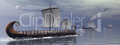 greek trireme boats - 3d render