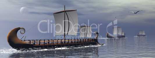 greek trireme boats - 3d render