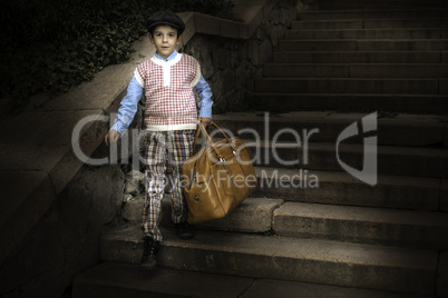 Exterior stairs and child with vintage bag