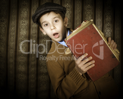 Child with red vintage book