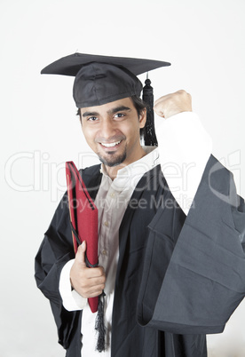 asian student graduate raising his hand