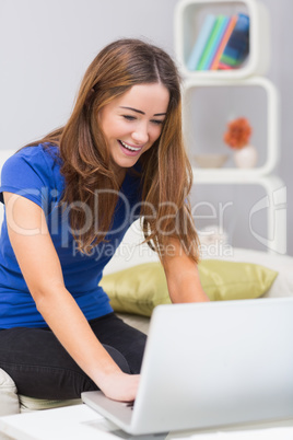 Smiling woman using laptop at home