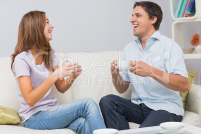 Cheerful couple enjoying their tea at home