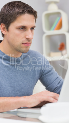 Serious young man using laptop in living room