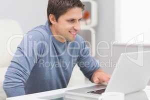 Smiling young man using laptop in living room