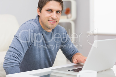 Portrait of smiling man using laptop in living room