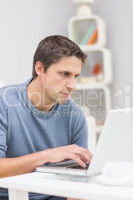 Serious young man using laptop in living room