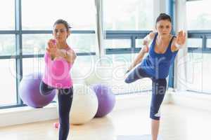 Fit women doing the balancing yoga pose in fitness studio