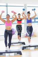 Fitness class performing step aerobics exercise with dumbbells