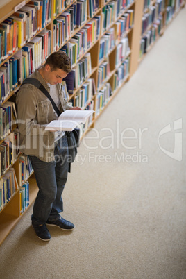 Student reading a book standing in library