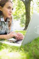 Young thinking student lying on the grass using her laptop