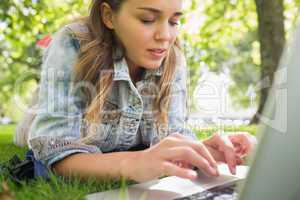 Young focused student lying on the grass using her laptop