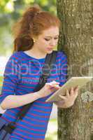 Cheerful student leaning against a tree using her tablet