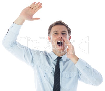 Businessman shouting and waving