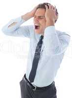 Stressed businessman with hands on head