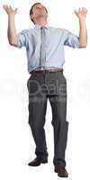 Businessman posing with arms raised