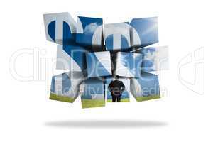 Businessman and dollar signs on abstract screen