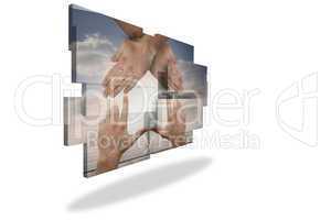 Hands making a house on abstract screen