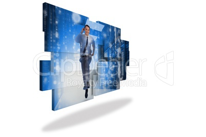 Businessman in data center on abstract screen