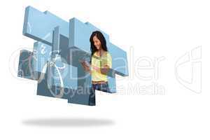 Student using tablet on abstract screen