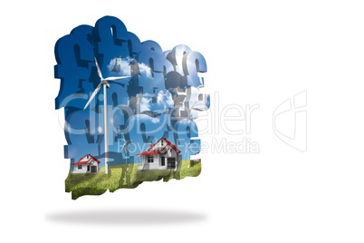 Houses with wind turbines on abstract screen