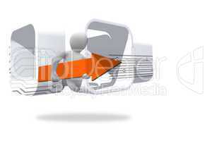 Figure with orange arrow on abstract screen