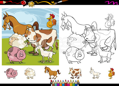 farm animals cartoon coloring page set