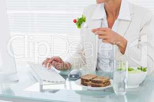 Businesswoman using computer while eating salad at desk