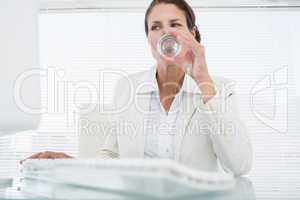 Businesswoman using computer while drinking water
