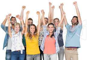 Portrait of casual cheerful people raising hands