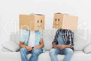 Men with happy smiley boxes over faces