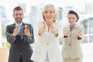 Confident business team gesturing thumbs up