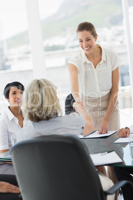 Executives shaking hands during a business meeting