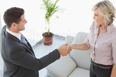 Executives shaking hands in the living room
