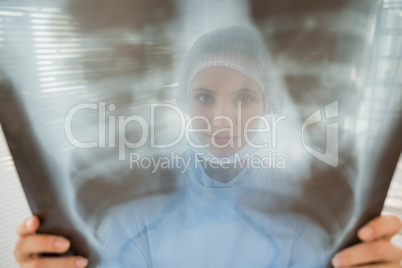 Female surgeon examining blurred x-ray