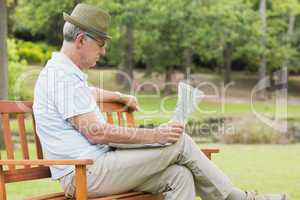 Relaxed senior man reading newspaper at the park