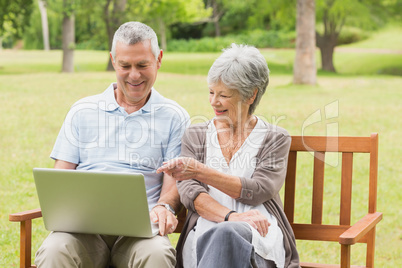 Smiling senior couple using laptop at park