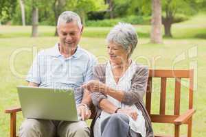 Smiling senior couple using laptop at park