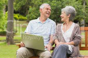 Cheerful senior couple using laptop at park